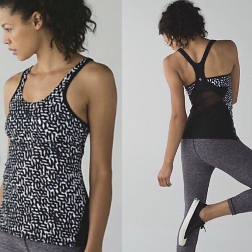 LULULEMON Crossback Tank II Net Pop Women's Size 4 Mesh Back White‎ Black Print